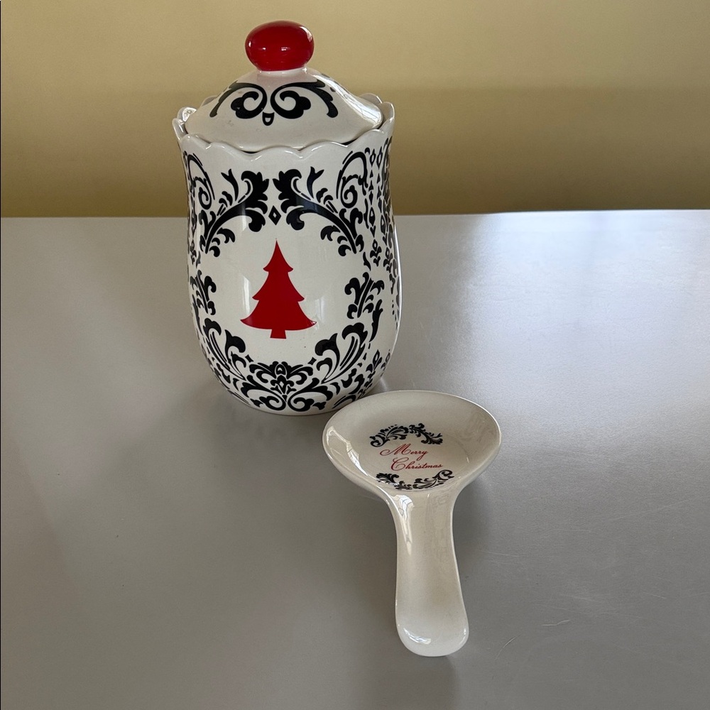 Elegant Black and White Ceramic Jar with Red Tree Design